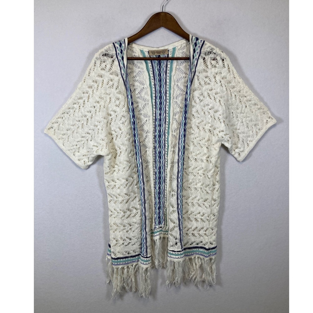 Boho Vintage America Blues Womens M Ivory Blue Fringe Pointelle Knit Cardigan